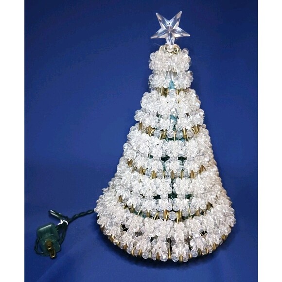 Vtg Hand Made Clear Crystal Beaded Safety Pin 11" Christmas Tree Lighted w/ Star - Picture 1 of 9